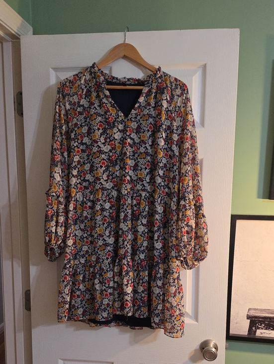 Express Dresses & Skirts - Floral V-Neck Tiered Women’s Dress - Navy with Multicolor Floral
